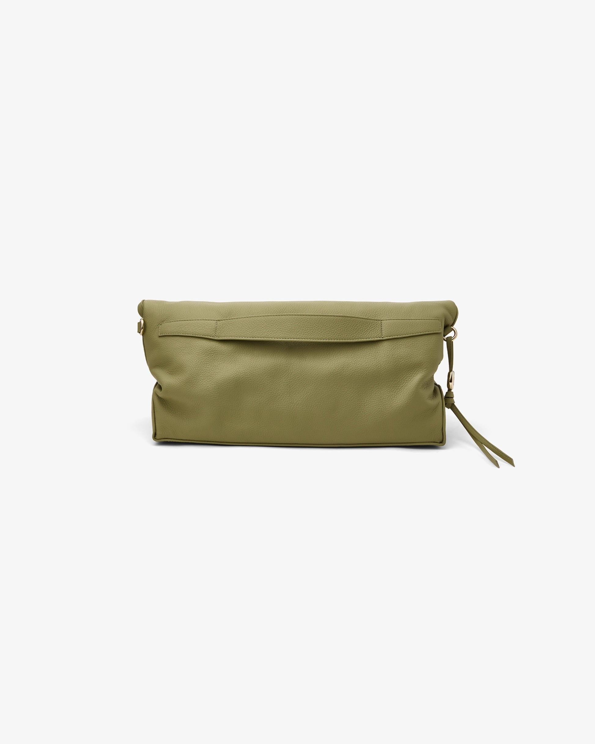 An olive green leather clutch bag with a flap closure and a matching leather luggae strap detail, shown against a plain white background.