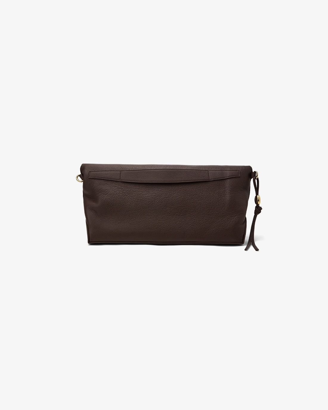 A dark brown leather clutch bag with a small tassel charm and gold-tone hardware, shown against a plain light gray background.