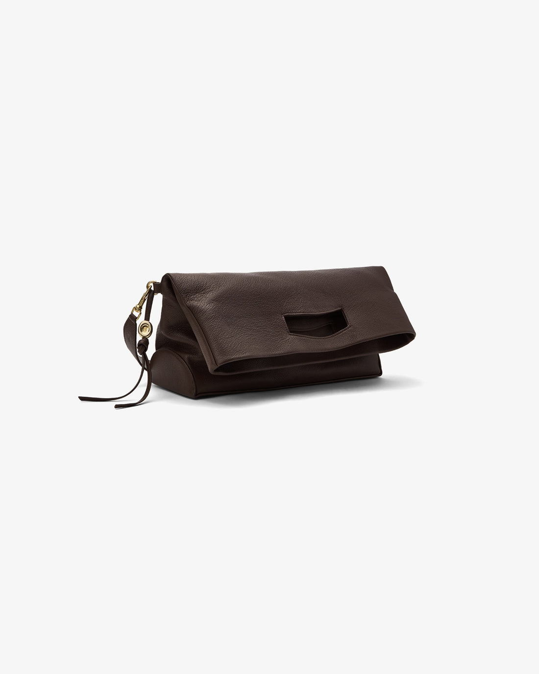 A dark brown leather clutch bag with a flap closure, a cutout detail on the front, and a small gold-tone zipper pull, shown on a plain light gray background.