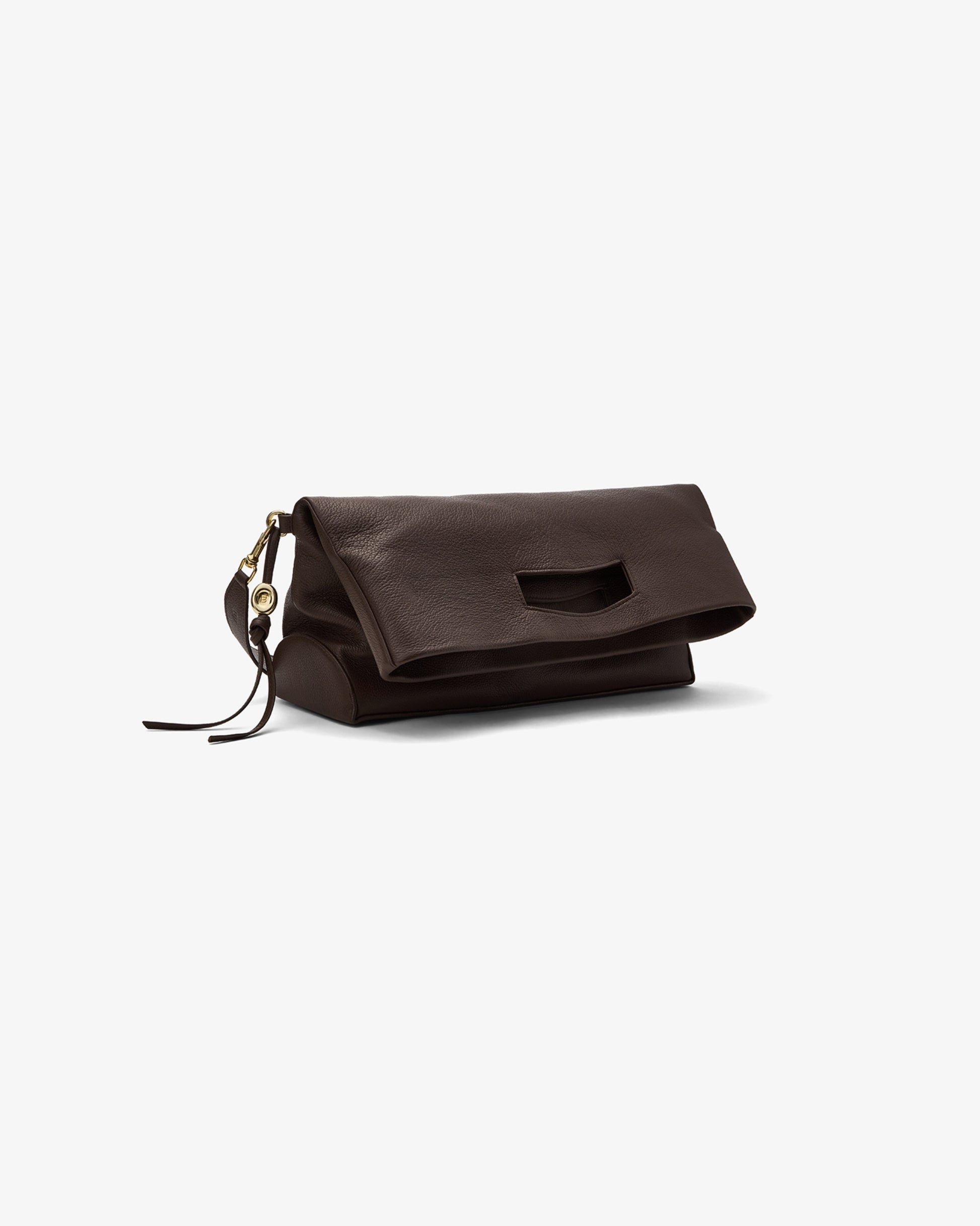 A dark brown leather clutch bag with a flap closure, a cutout detail on the front, and a small gold-tone zipper pull, shown on a plain light gray background.