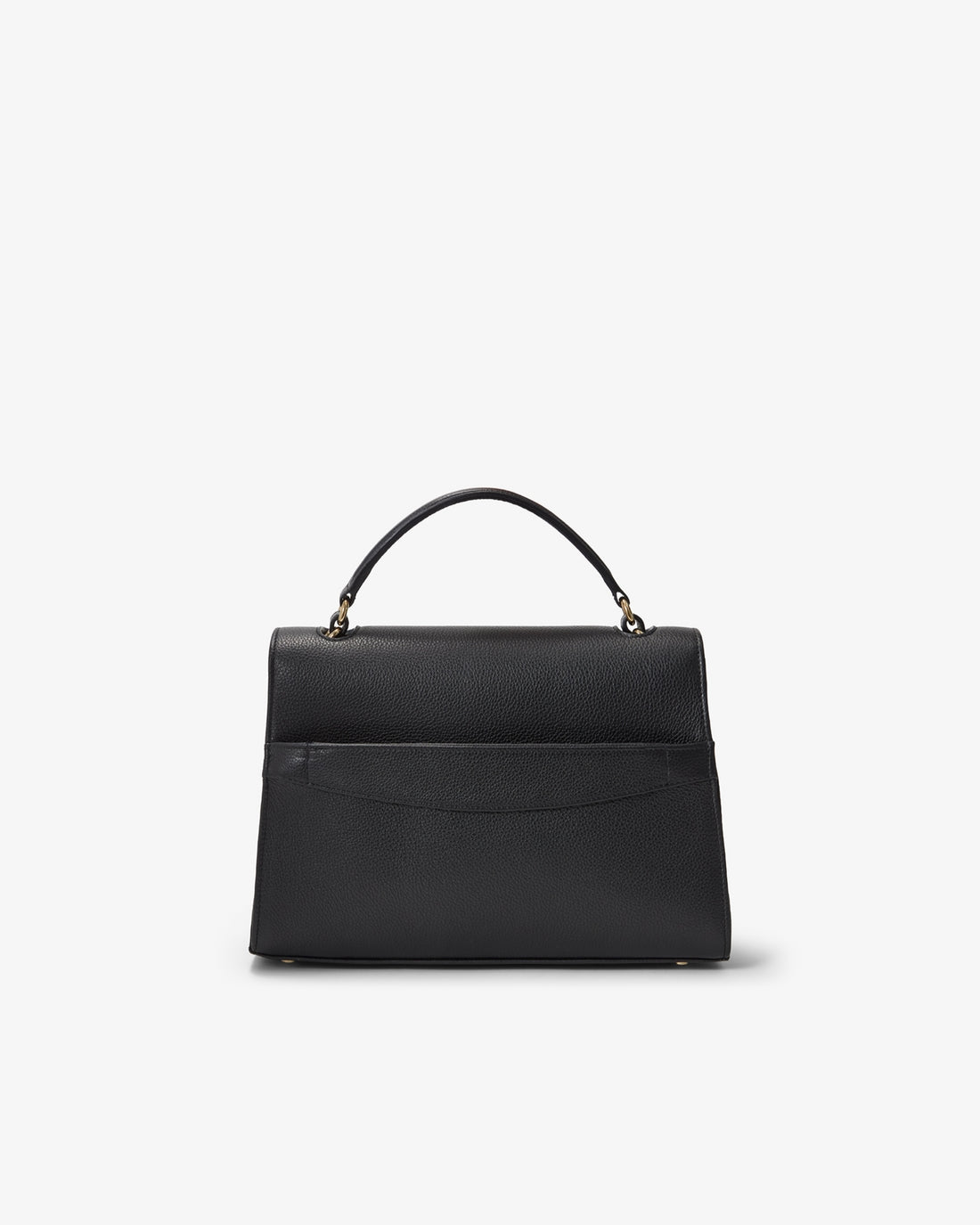 A black leather top-handle handbag with a luggage strap on the bag, shown against a plain white background.