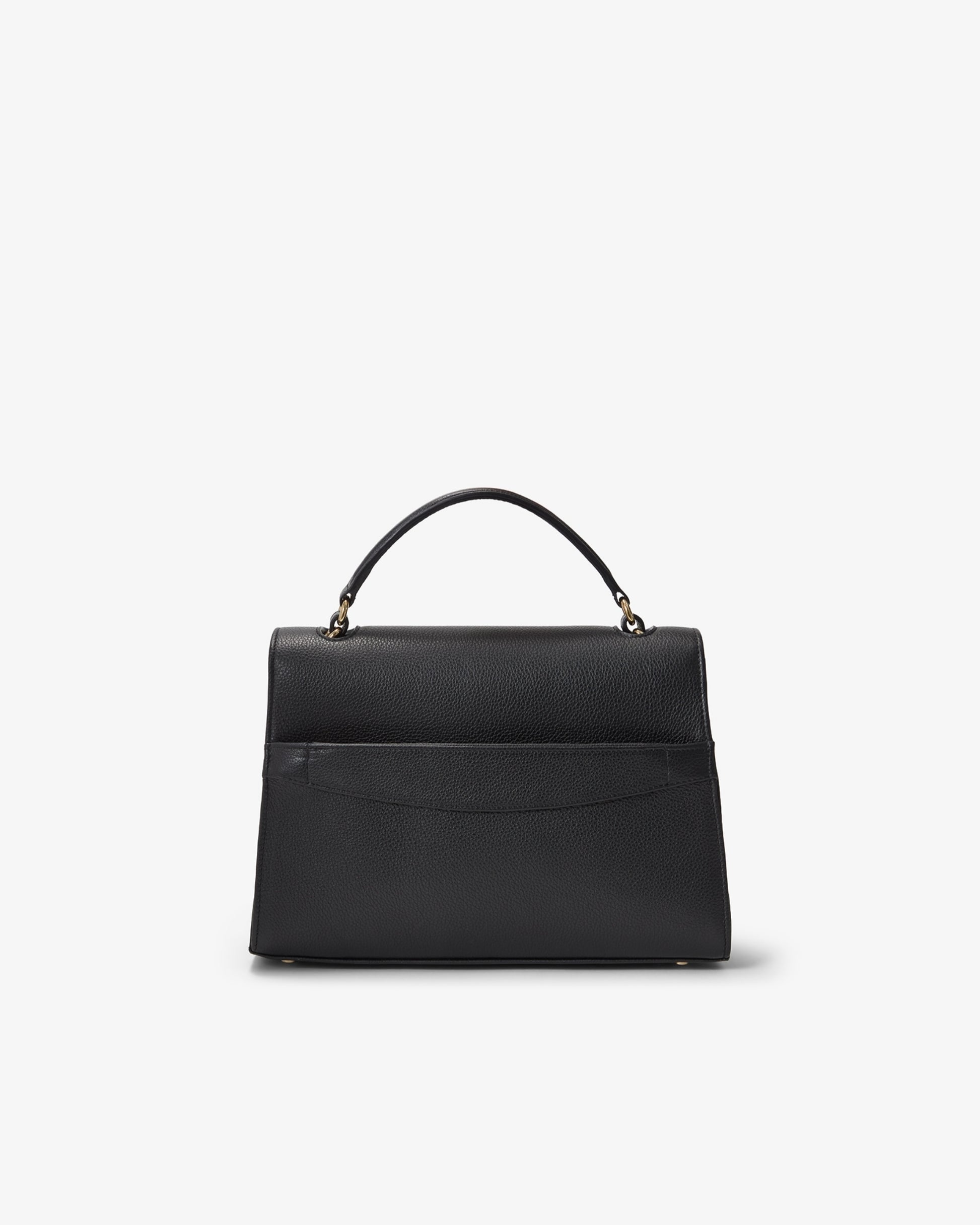 A black leather top-handle handbag with a luggage strap on the bag, shown against a plain white background.