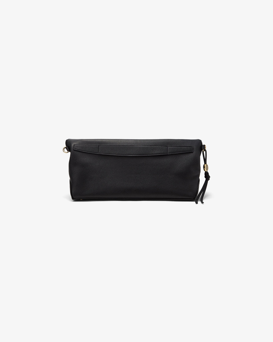 A black leather clutch bag with a flap closure and a small tassel detail as well as a luggage strap, shown against a plain light gray background.
