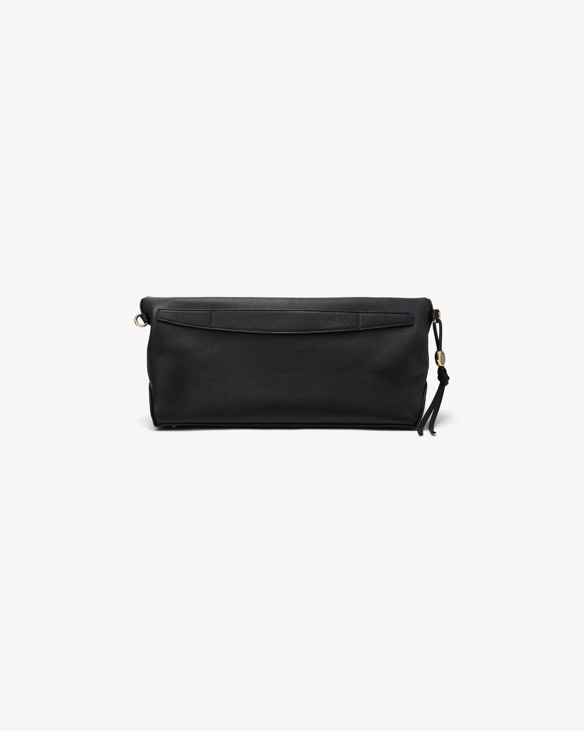 A black leather clutch bag with a flap closure and a small tassel detail as well as a luggage strap, shown against a plain light gray background.