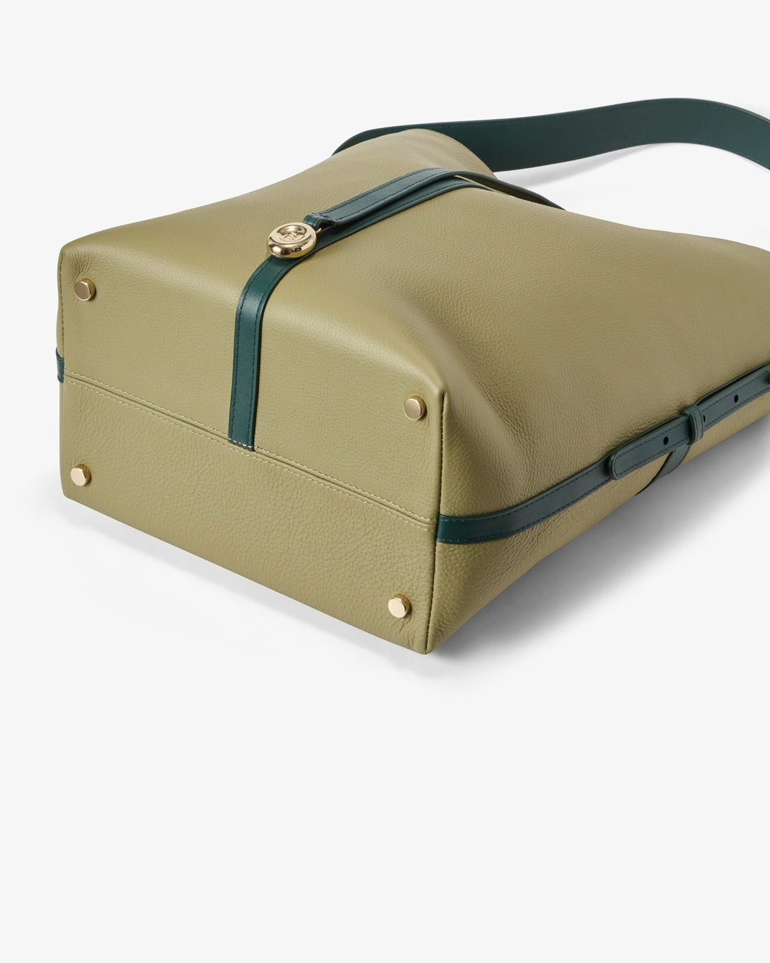 An olive green leather shoulder bag with dark green leather straps and gold-tone hardware, shown on a light gray background.