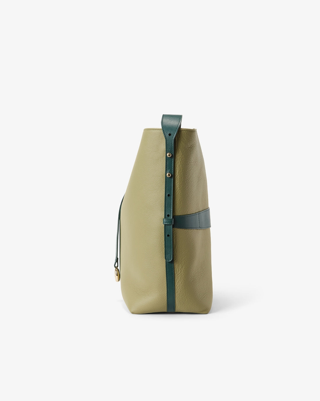 A structured leather bucket bag in sage green and teal, featuring a vertical strap closure with gold-tone hardware, photographed against a clean white background.