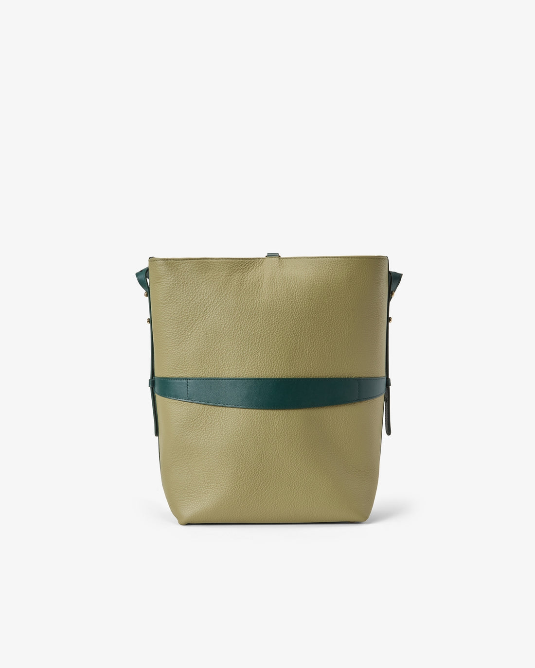 A structured leather shoulder bag in olive green with a contrasting dark teal-green horizontal band and matching side straps as well as a luggage strap, shown from the back against a plain white background.