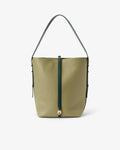 An olive green leather bucket bag with a dark green vertical strap detail and a gold-tone medallion, shown on a clean white background.