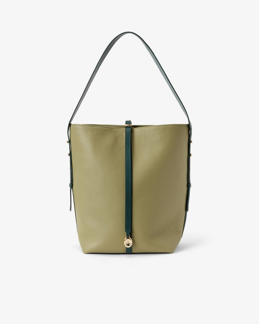 An olive green leather bucket bag with a dark green vertical strap detail and a gold-tone medallion, shown on a clean white background.