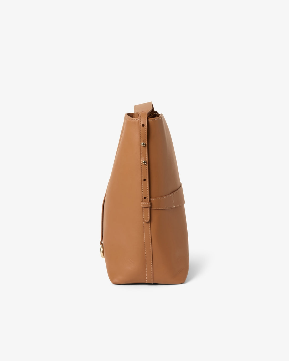 A tan leather shoulder bag shown from a side profile view against a clean white background.