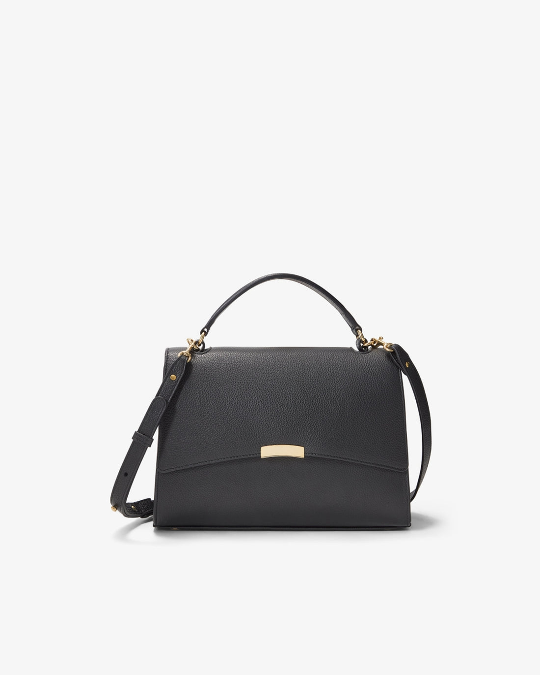 A black textured leather handbag with a top handle, a detachable shoulder strap, and a small gold-tone metal plaque on the front flap, shown against a plain white background.