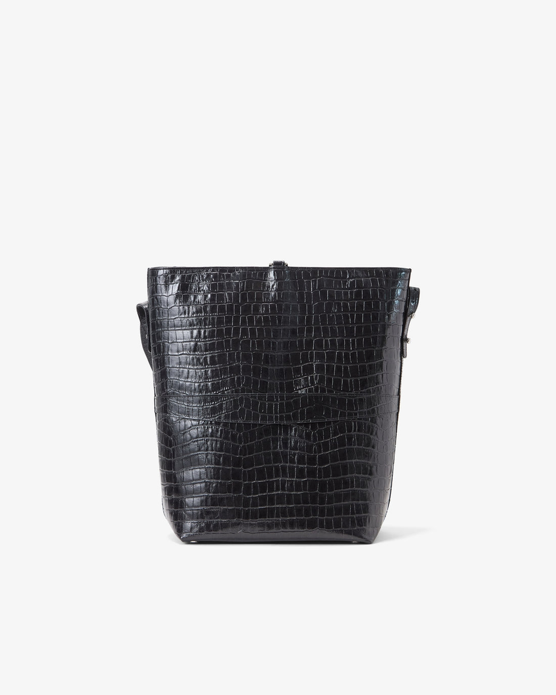 A black crocodile-embossed leather bucket bag with a top handle and a luggage strap, shown from the back against a plain white background.