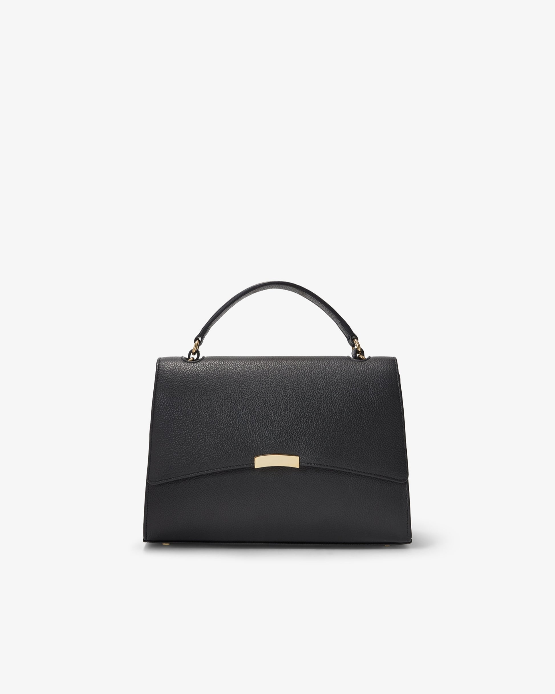 A structured black leather handbag with a top handle and a small gold-tone metal accent on the front, photographed against a clean white background.