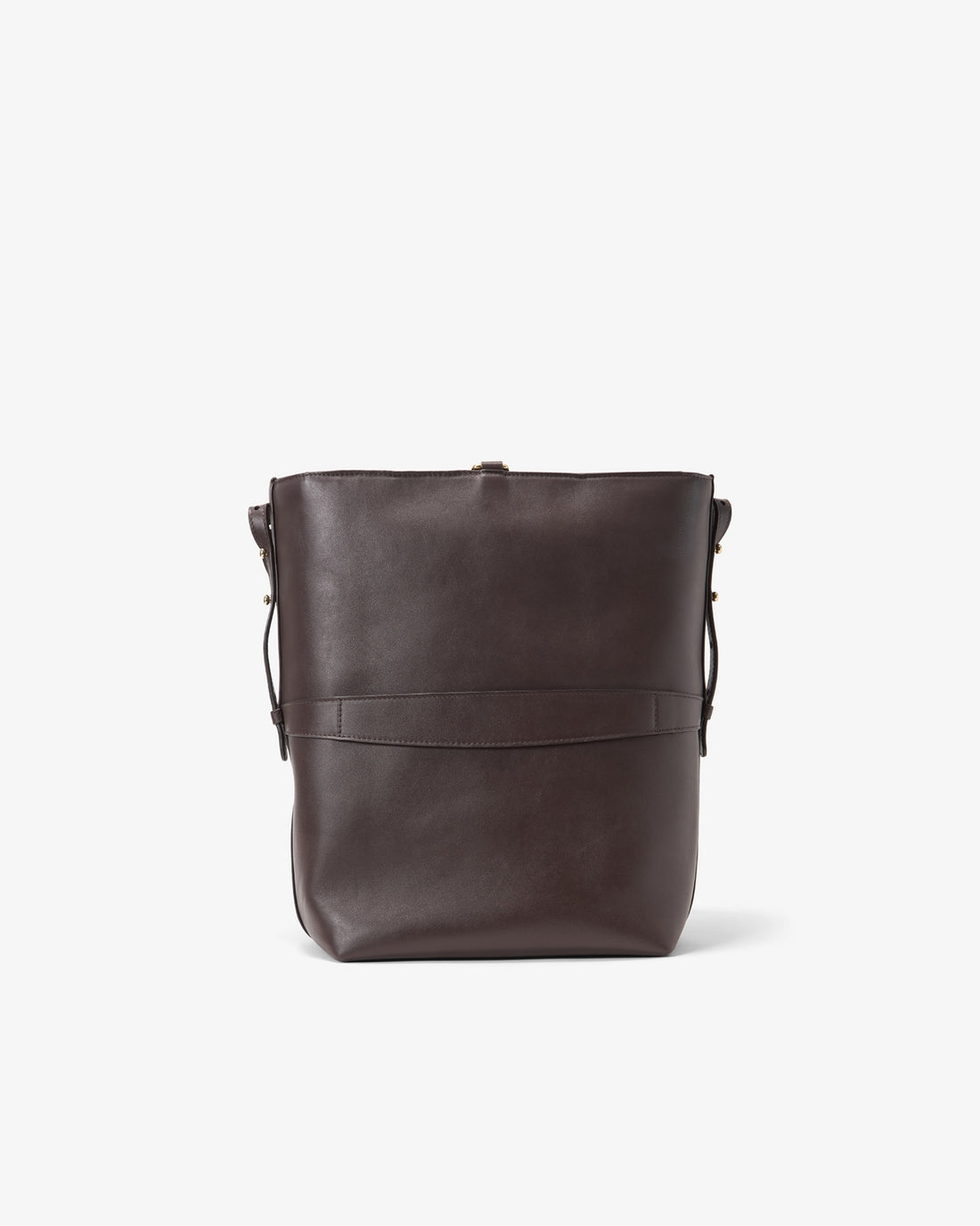 A dark brown leather bucket bag with a wide front strap detail, shown against a plain white background.