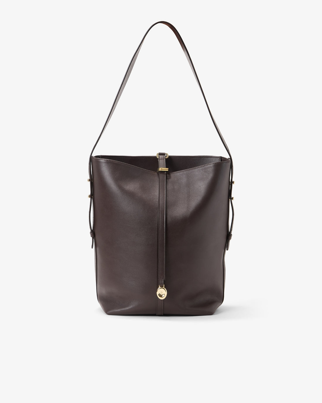 A dark brown leather bucket bag with a single shoulder strap and gold-tone hardware, shown against a plain light gray background.