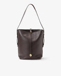 A dark brown leather bucket bag with a single shoulder strap and gold-tone hardware, shown against a plain light gray background.