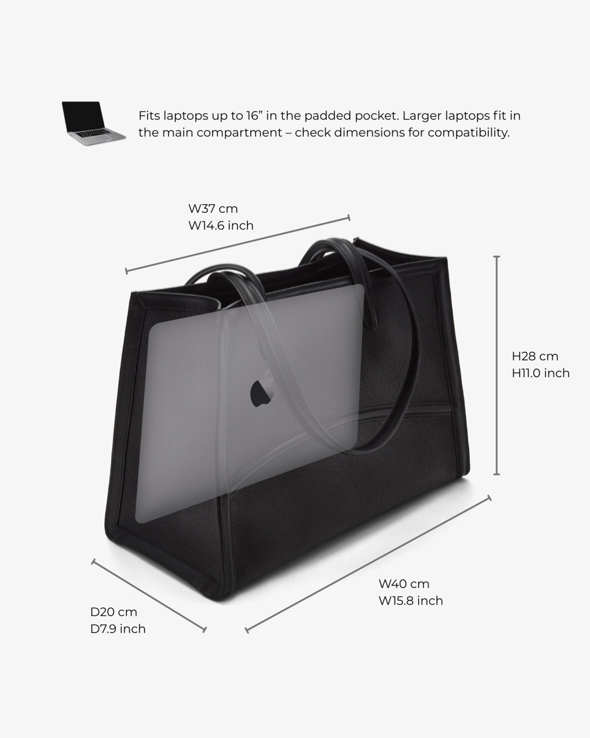 A black laptop tote bag with a clear front window, shown with dimension labels and text indicating compatibility with laptops up to 16 inches. The image is on a light gray background.