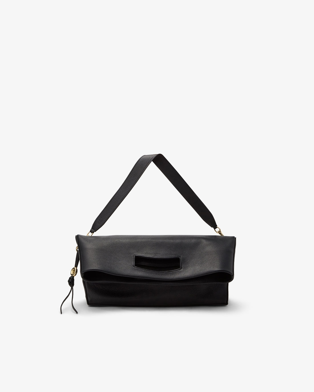A black leather shoulder bag with a flap closure, a central cutout detail, and a matching black strap, shown against a plain light gray background.