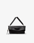 A black leather shoulder bag with a flap closure, a central cutout detail, and a matching black strap, shown against a plain light gray background.