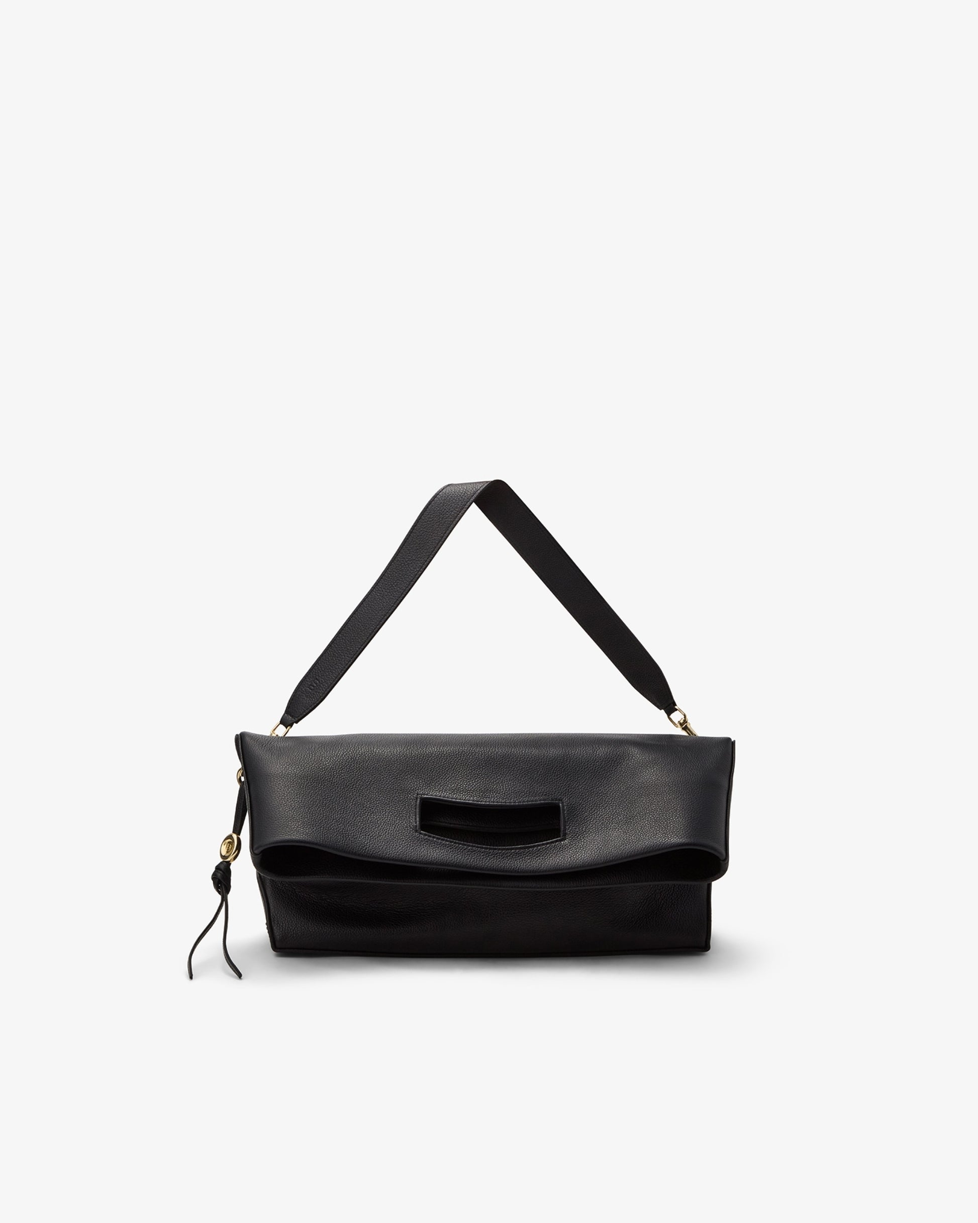 A black leather shoulder bag with a flap closure, a central cutout detail, and a matching black strap, shown against a plain light gray background.