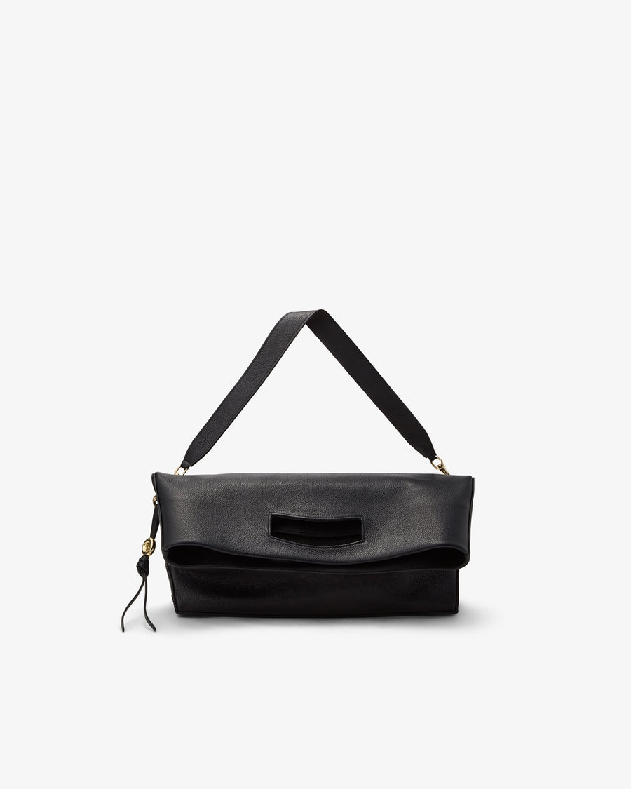 A black leather shoulder bag with a flap closure, a central cutout detail, and a matching black strap, shown against a plain light gray background.