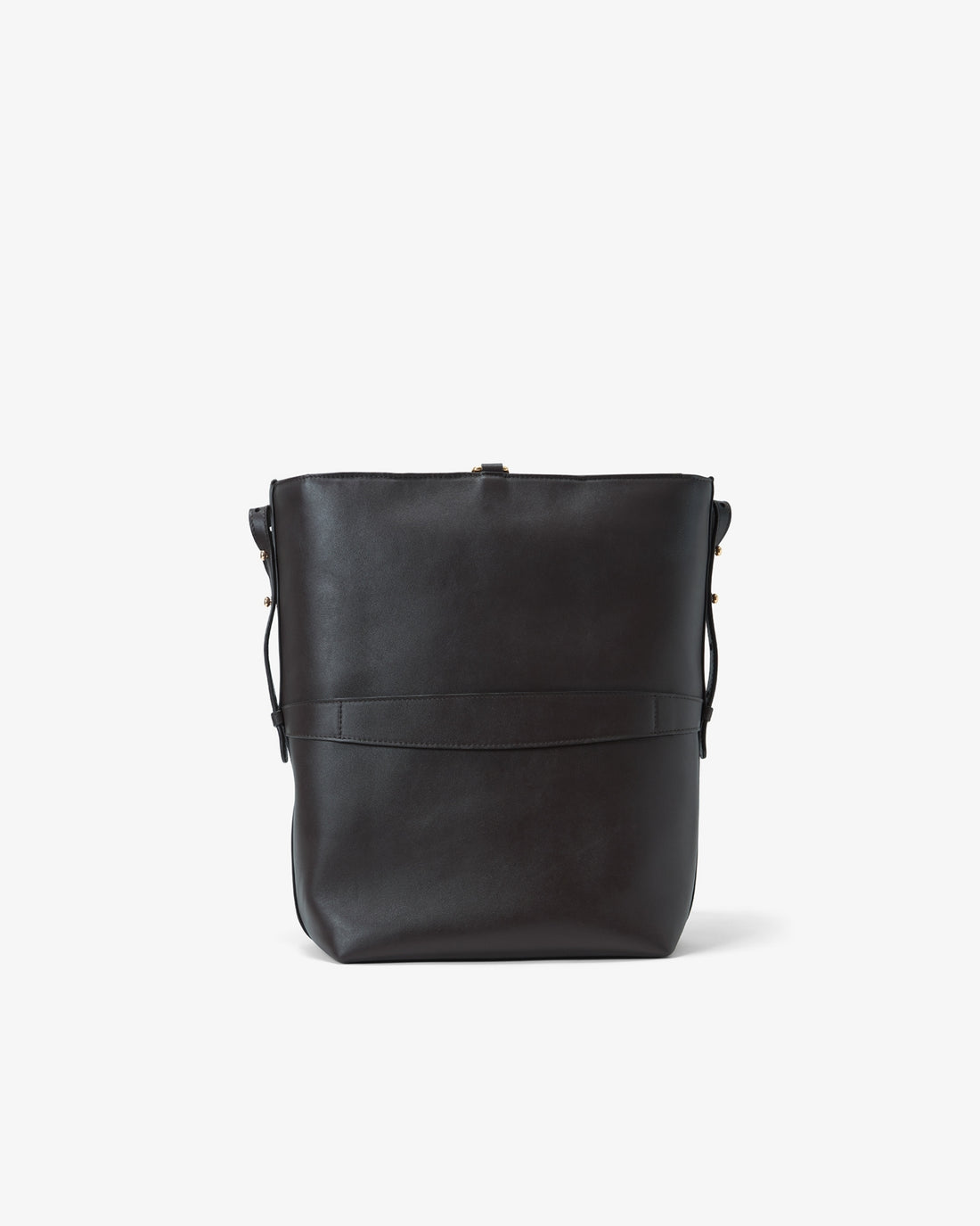 A black leather shoulder bag with a structured rectangular silhouette, a horizontal luggage strap and a top closure, photographed from the back against a clean white background.
