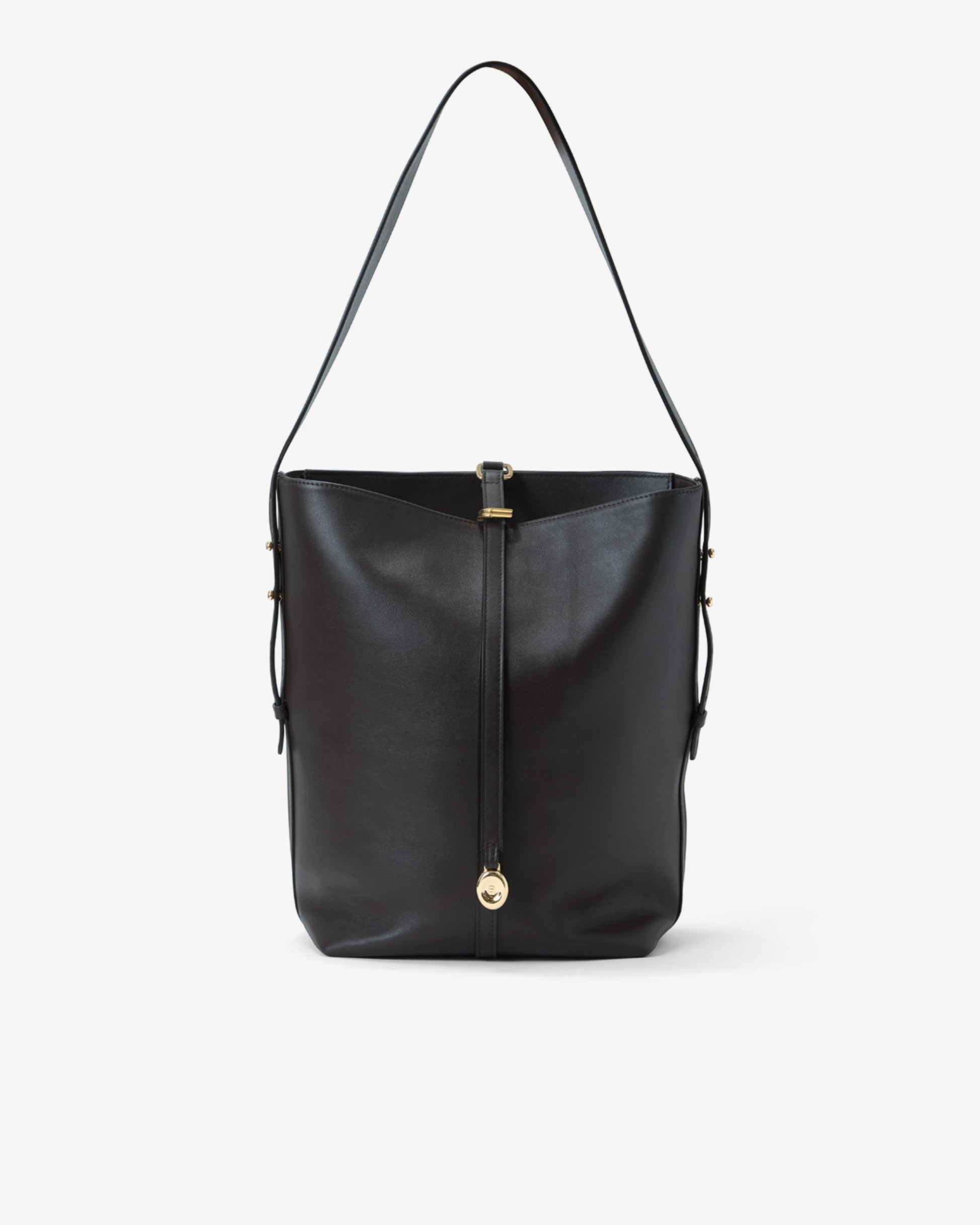A black leather bucket bag with a single shoulder strap and gold-tone hardware, shown against a plain light gray background.
