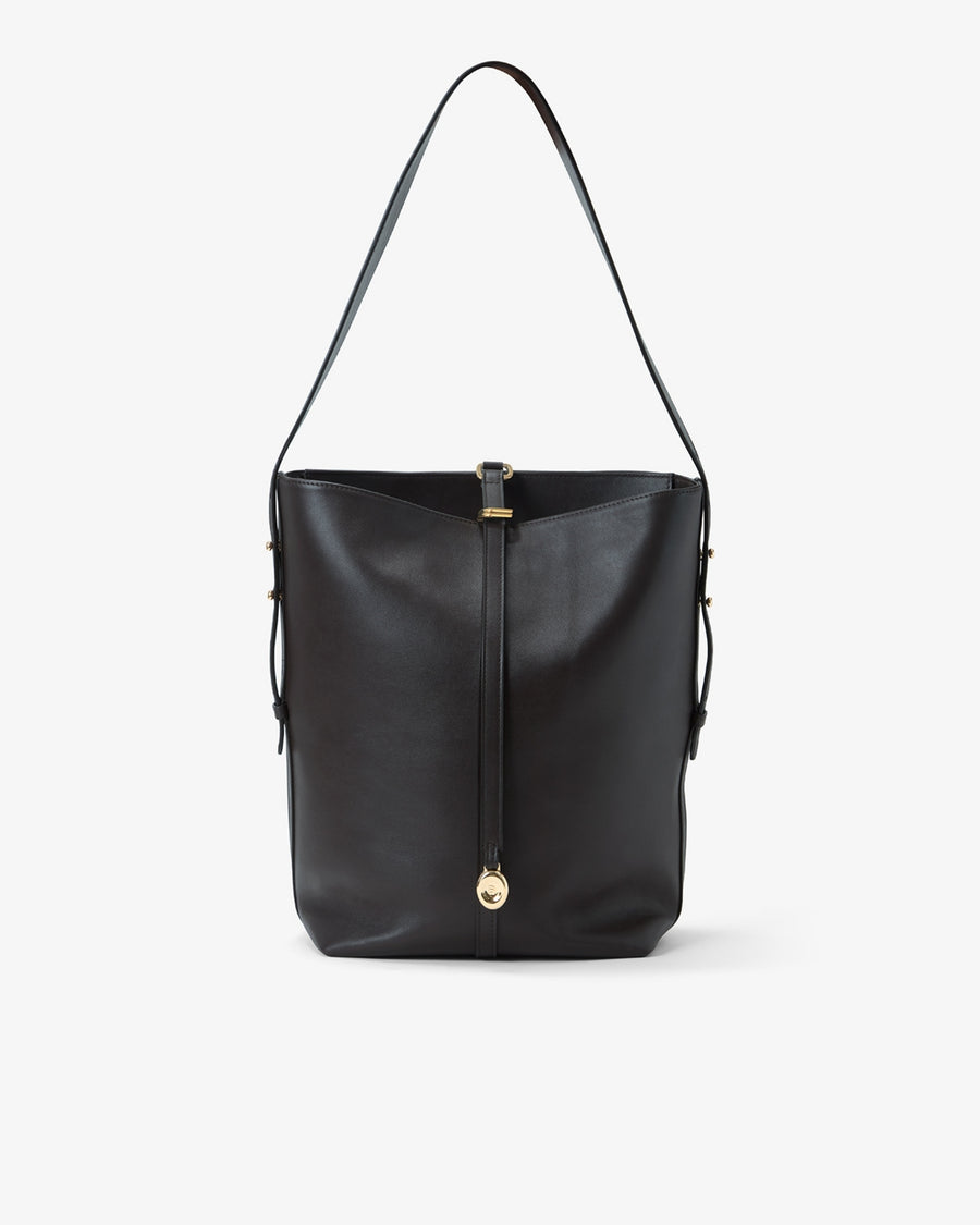 A black leather bucket bag with a single shoulder strap and gold-tone hardware, shown against a plain light gray background.