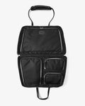 Black nylon laptop sleeve with multiple zippered compartments and a top handle, shown open against a light gray background.