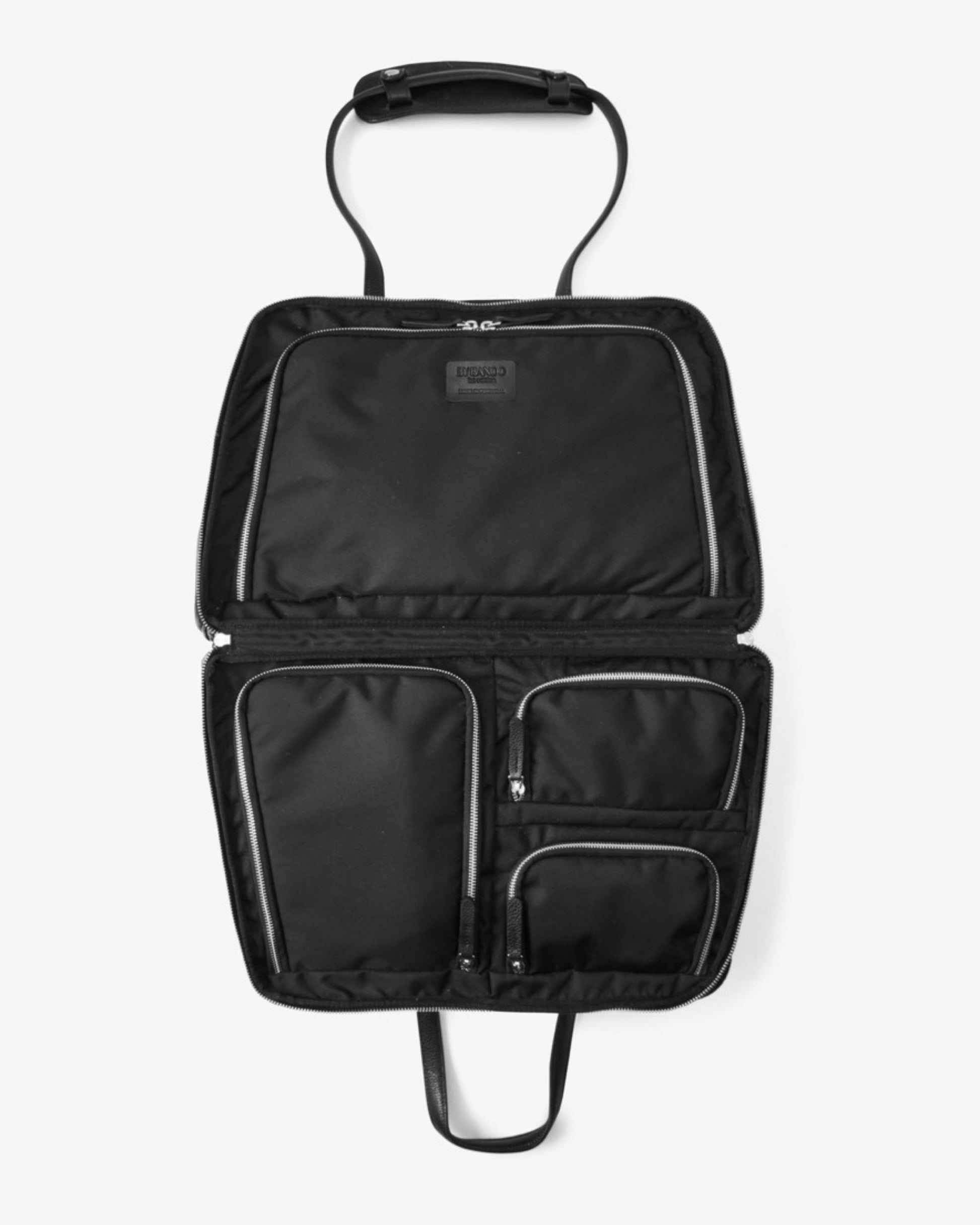 Black nylon laptop sleeve with multiple zippered compartments and a top handle, shown open against a light gray background.