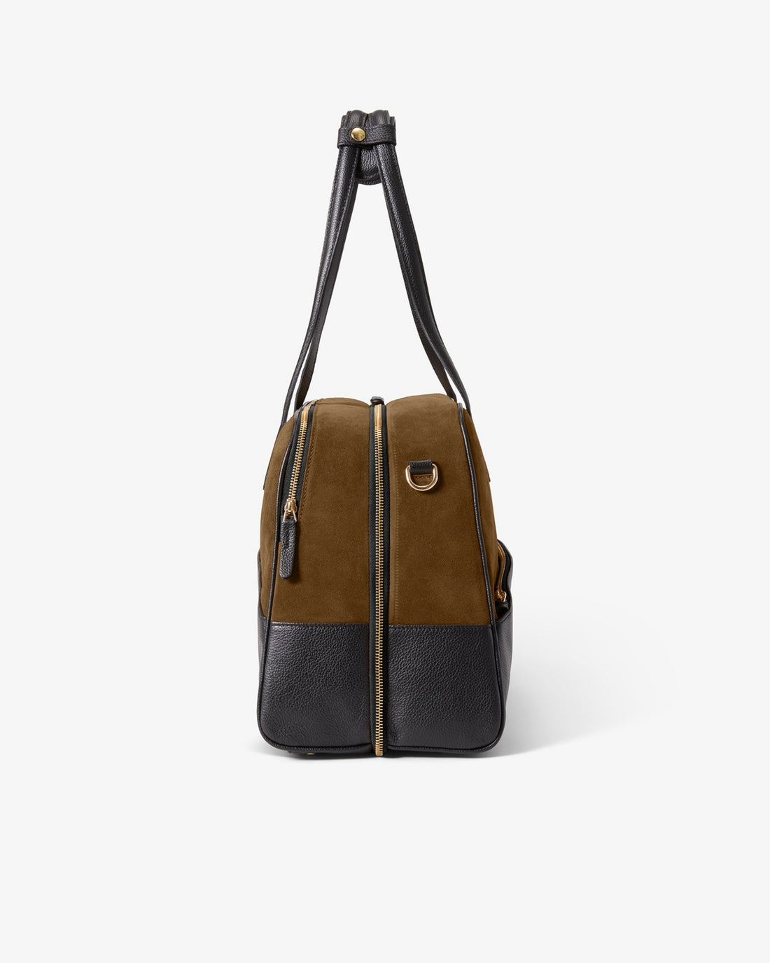 A structured duffel bag with a two-tone color-blocked design, featuring a brown suede upper section and a black leather lower section and shoulder strap, shown against a plain light gray background.