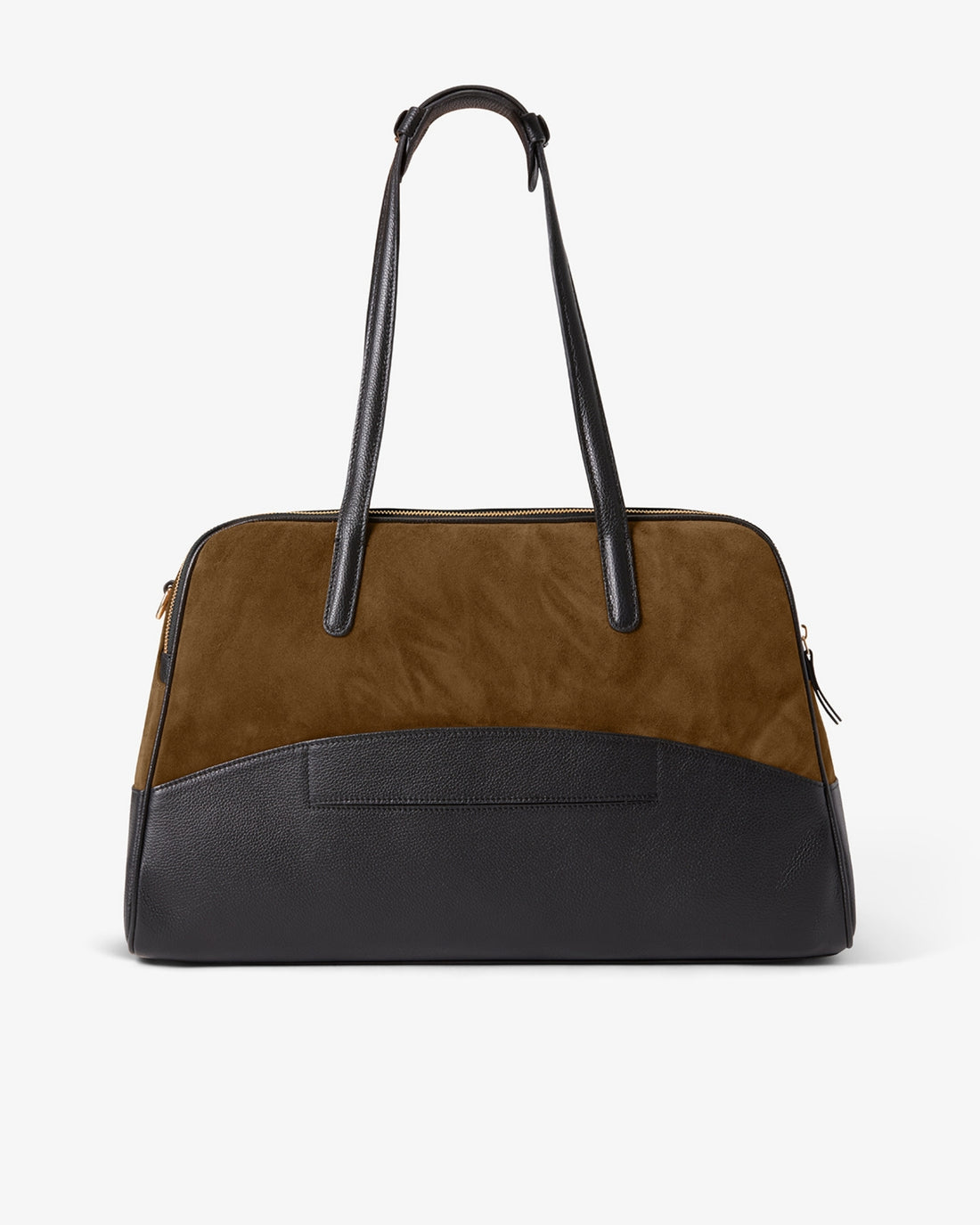 A color-blocked leather and suede duffel bag with a brown suede upper section, a black leather lower section, and a luggage strap and black leather handles, shown against a plain white background.