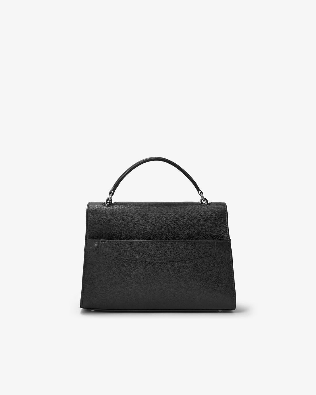A black leather handbag with a top handle and a luggage strap, shown from the back against a white background.