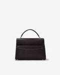 A structured black leather handbag with a top handle, shown from the front against a plain white background.