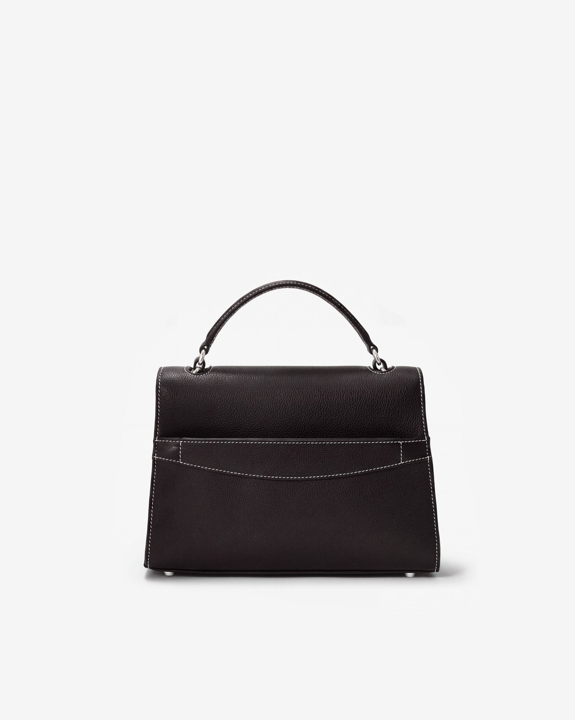 A structured black leather handbag with a top handle, shown from the front against a plain white background.