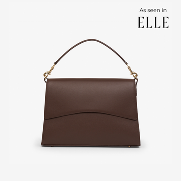 Classic Slim Briefcase in mocha/gold with curved flap and golden hardware – elegant  workbag in soft pebbled leather.
