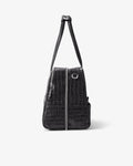 A black crocodile-embossed leather shoulder bag with a front zipper closure and silver-tone hardware, shown against a plain light gray background.