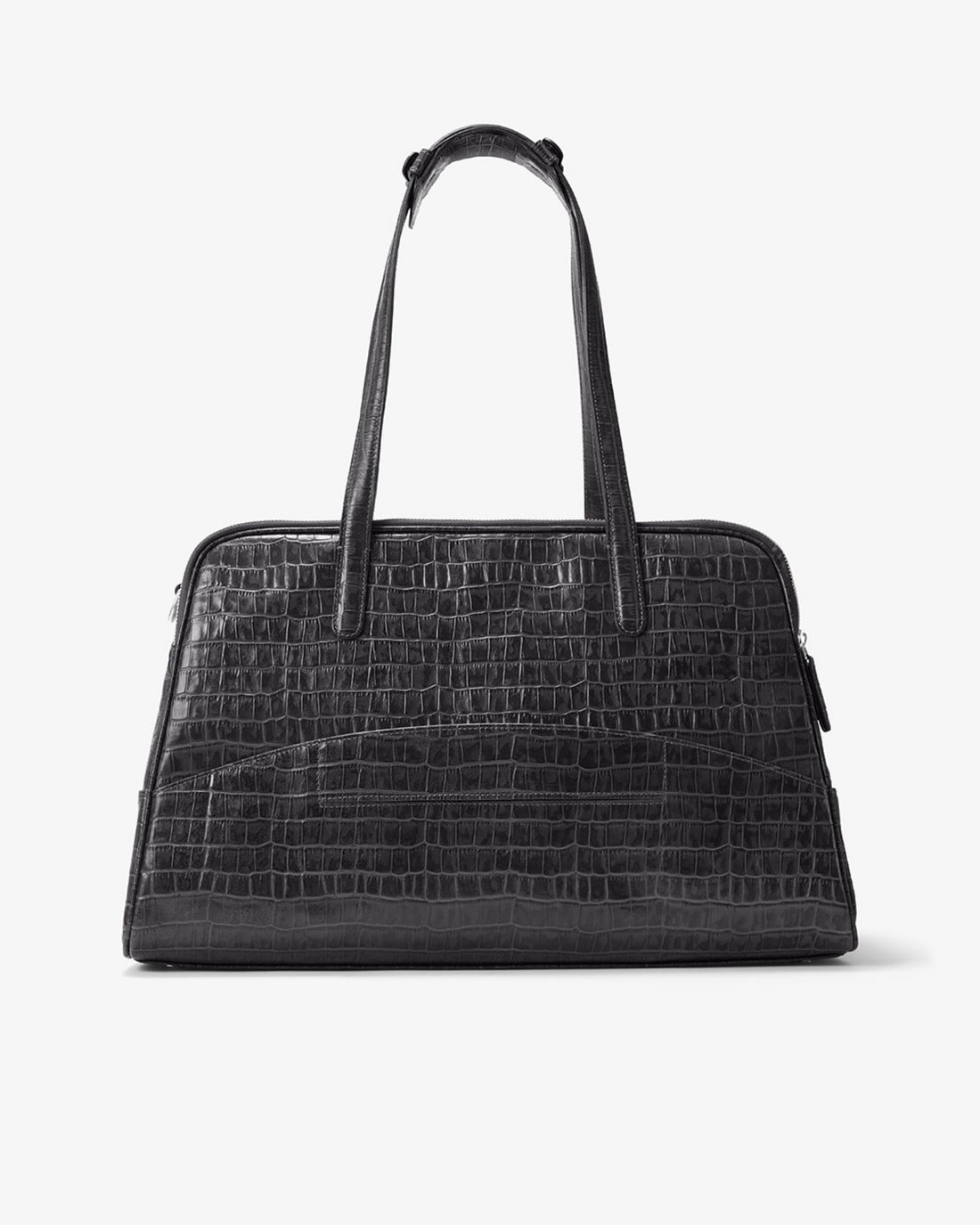 A black crocodile-embossed leather handbag with dual top handles and a luggage strap, shown against a plain white background.