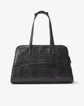 A black crocodile-embossed leather handbag with dual top handles and a luggage strap, shown against a plain white background.