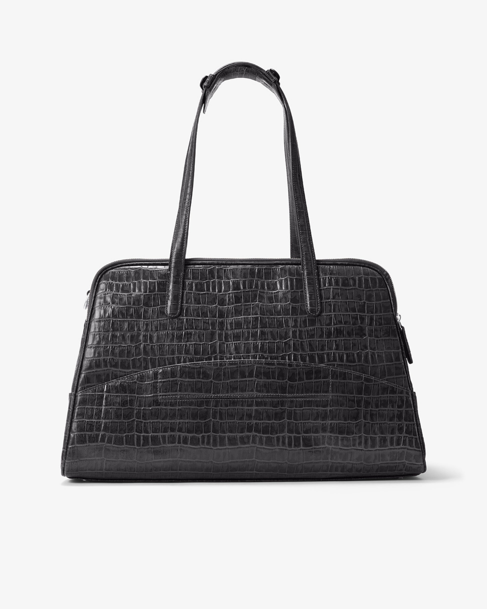 A black crocodile-embossed leather handbag with dual top handles and a luggage strap, shown against a plain white background.