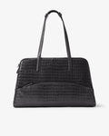 A black crocodile-embossed leather tote bag with dual top handles, shown against a plain light gray background.