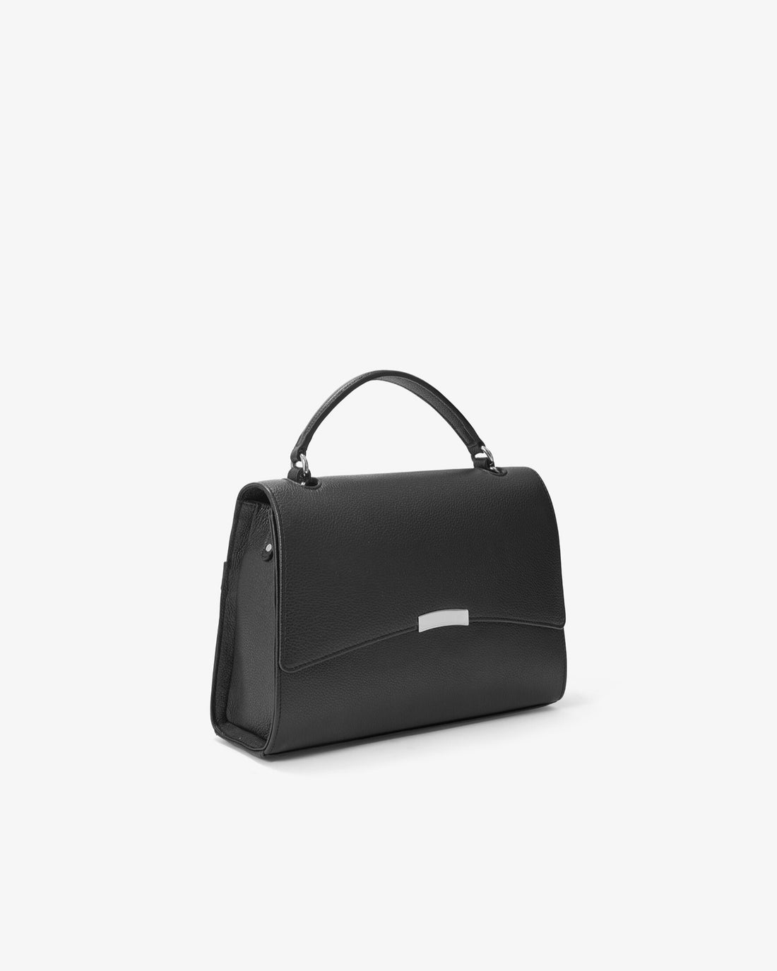 A black leather top-handle handbag with a silver-tone rectangular metal accent on the front, shown from a three-quarters angle against a plain white background.