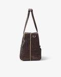 A dark brown crocodile-embossed leather shoulder bag with gold-tone hardware, shown from the side against a plain light gray background.