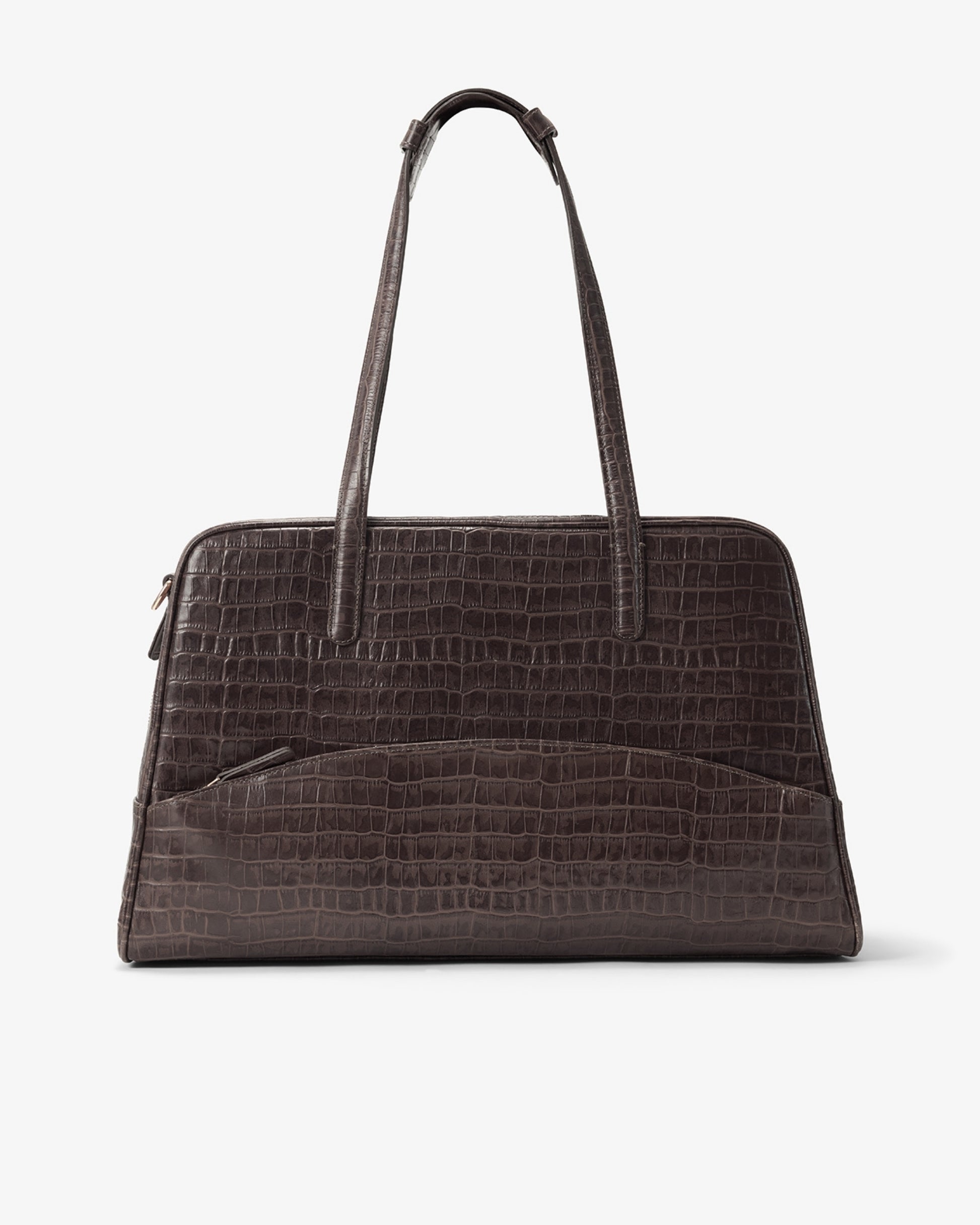 A dark brown crocodile-embossed leather tote bag with dual shoulder straps, shown against a plain light gray background.