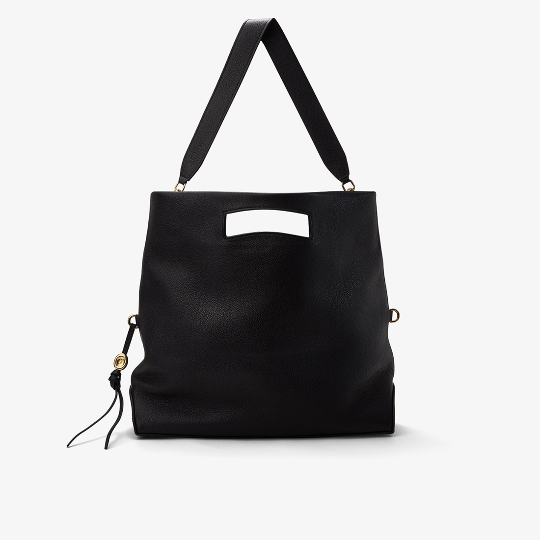 Foldable tote bag in black leather with gold accents, displayed in its open and upright form with a structured silhouette.