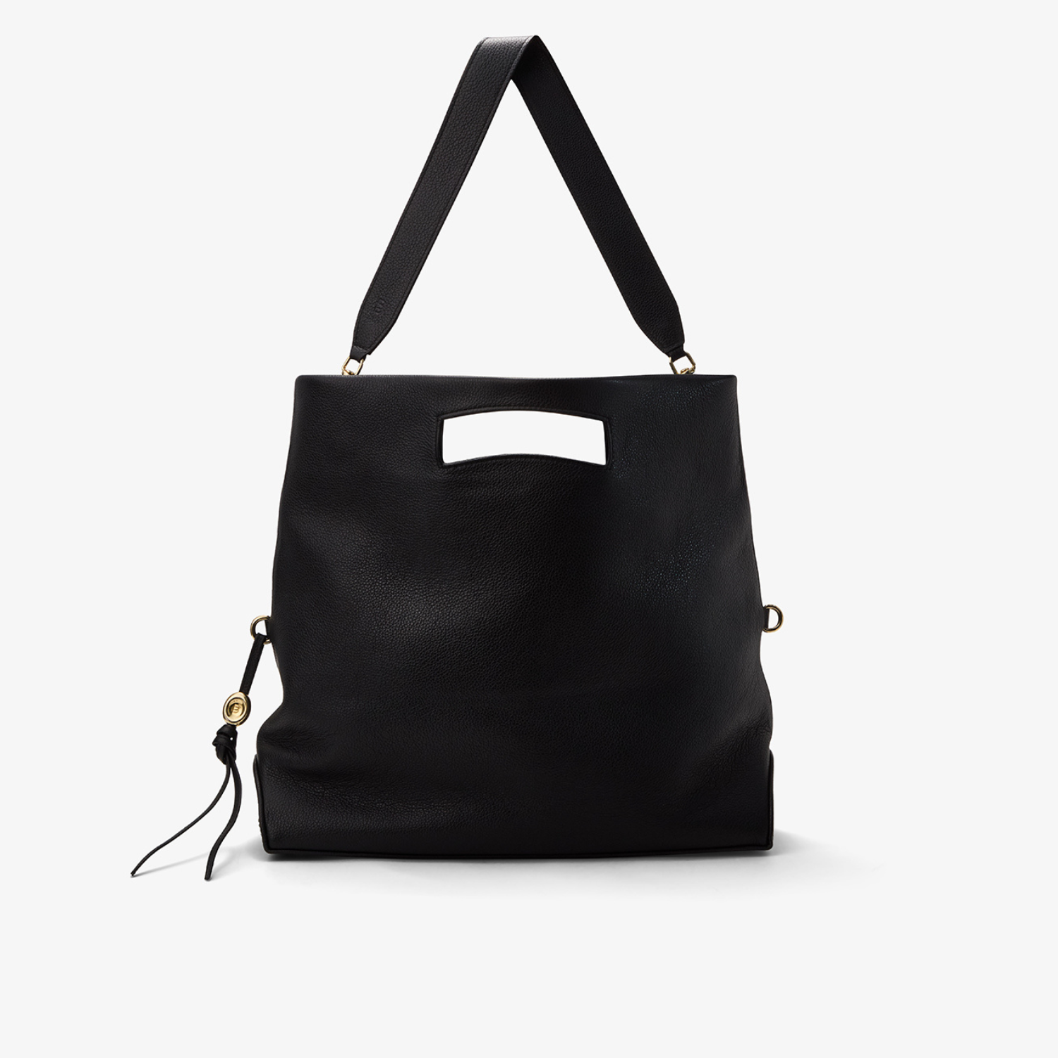 Foldable tote bag in black leather with gold accents, displayed in its open and upright form with a structured silhouette.