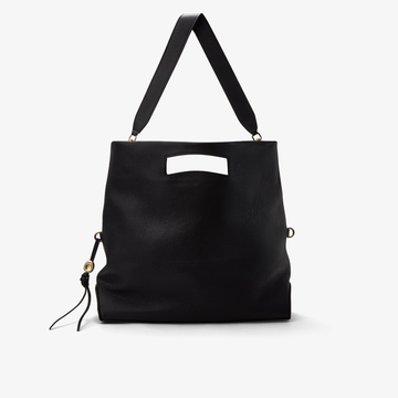 Foldable tote bag in black leather with gold accents, displayed in its open and upright form with a structured silhouette.