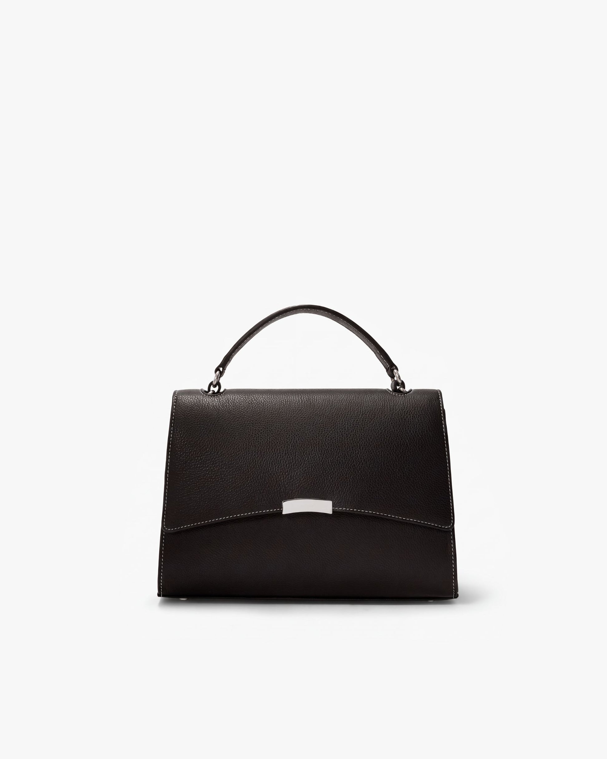 A black leather zippered briefcase with silver hardware, set against a plain white background.