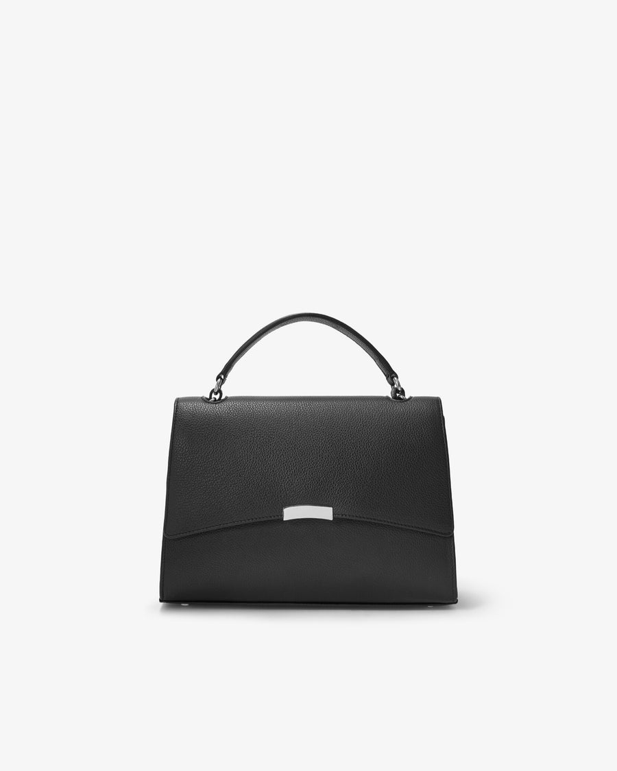 A black small leather bag with a top handle and a silver metal clasp, shown from the front against a white background.