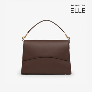 Classic Slim Briefcase in mocha/gold with curved flap and golden hardware – elegant  workbag in soft pebbled leather.
